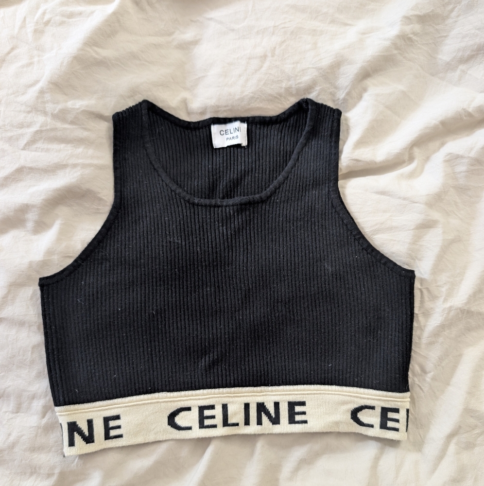 Celine Black Ribbed Tank Top with Logo Band